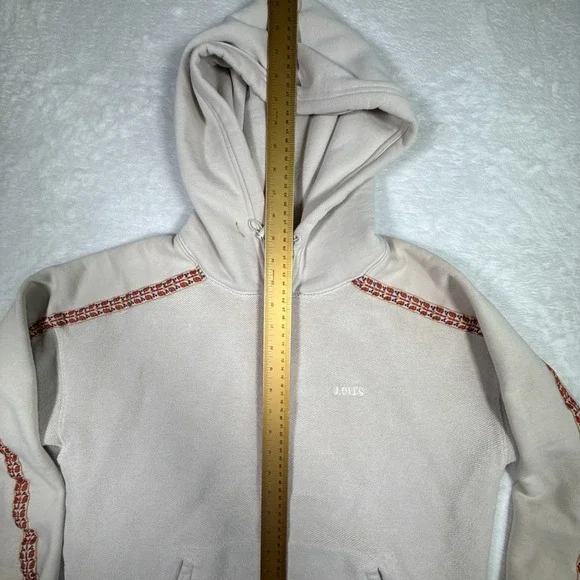 Levis Beige Embroidered Trim Hoodie Pullover Casual Fleece Lined Sweatshirt Sz S - Picture 7 of 8